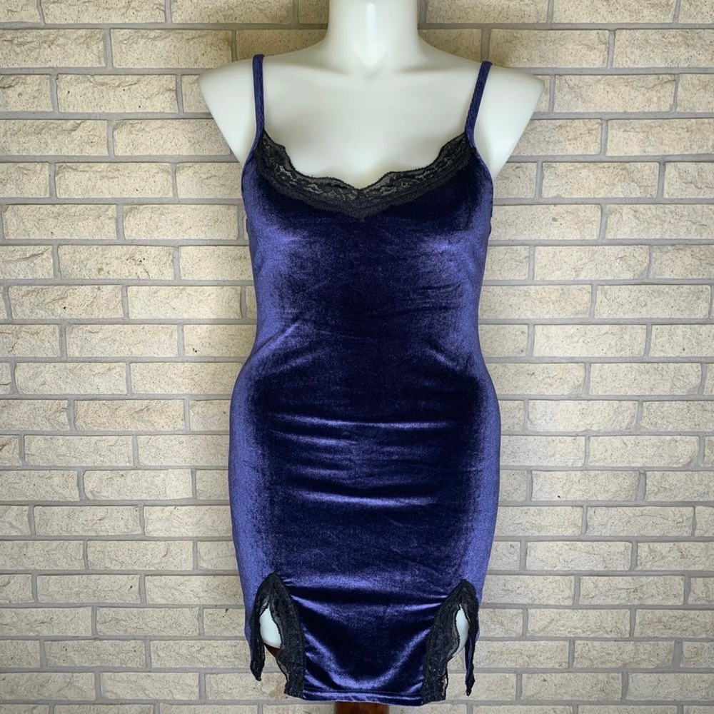Vintage Stretch Velvet & Lace Blue Mini Bodycon Slip Dress Lingerie Size M